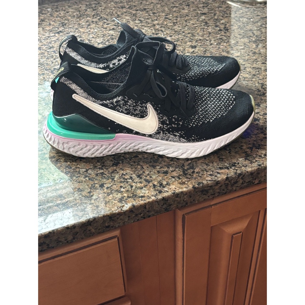 Nike Epic React Flyknit Kids Running Shoes Black White Teal AQ3244-014 Size 6.5Y